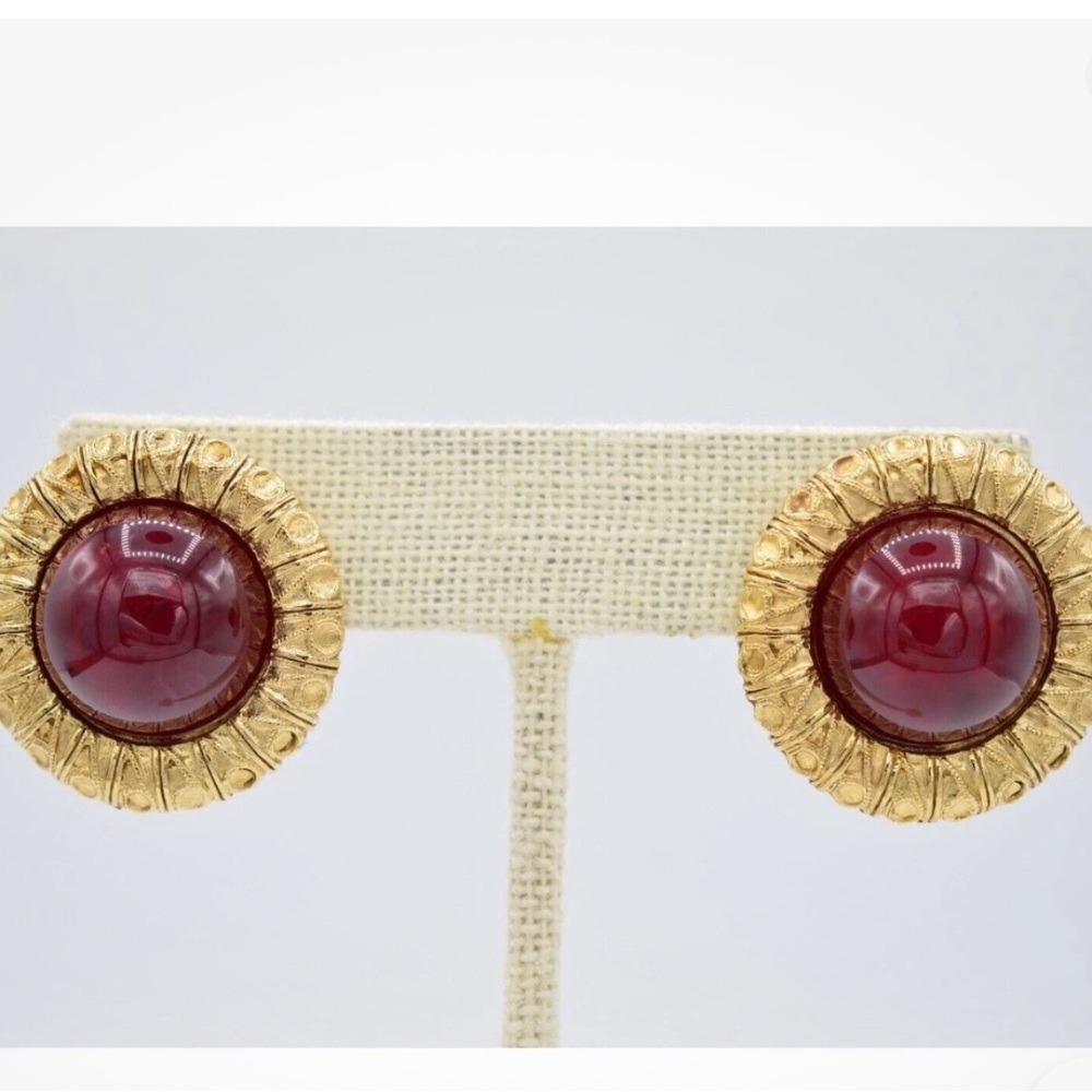 Givenchy Gold and Red Statement Earrings with Cabochon Stones